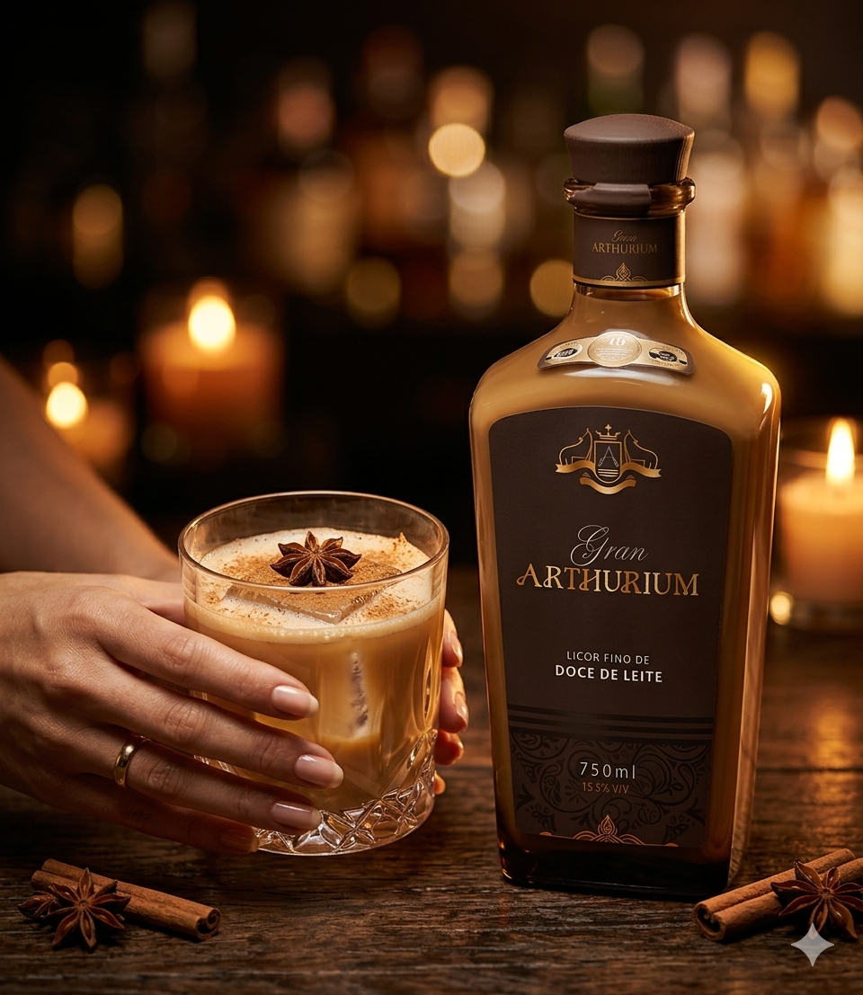 Drink Brasa de Seda com licor cremoso Gran Arthurium, espresso e canela em copo old-fashioned